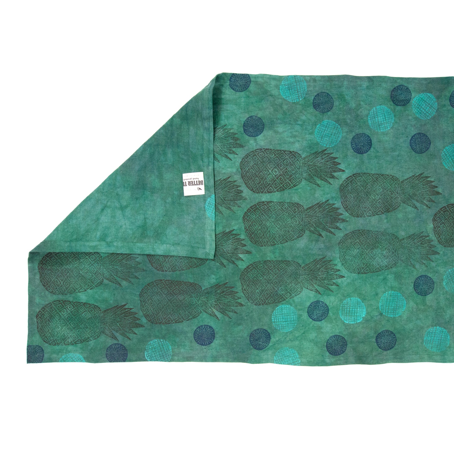 Green Linen Table Runner with Pineapple Blockprint