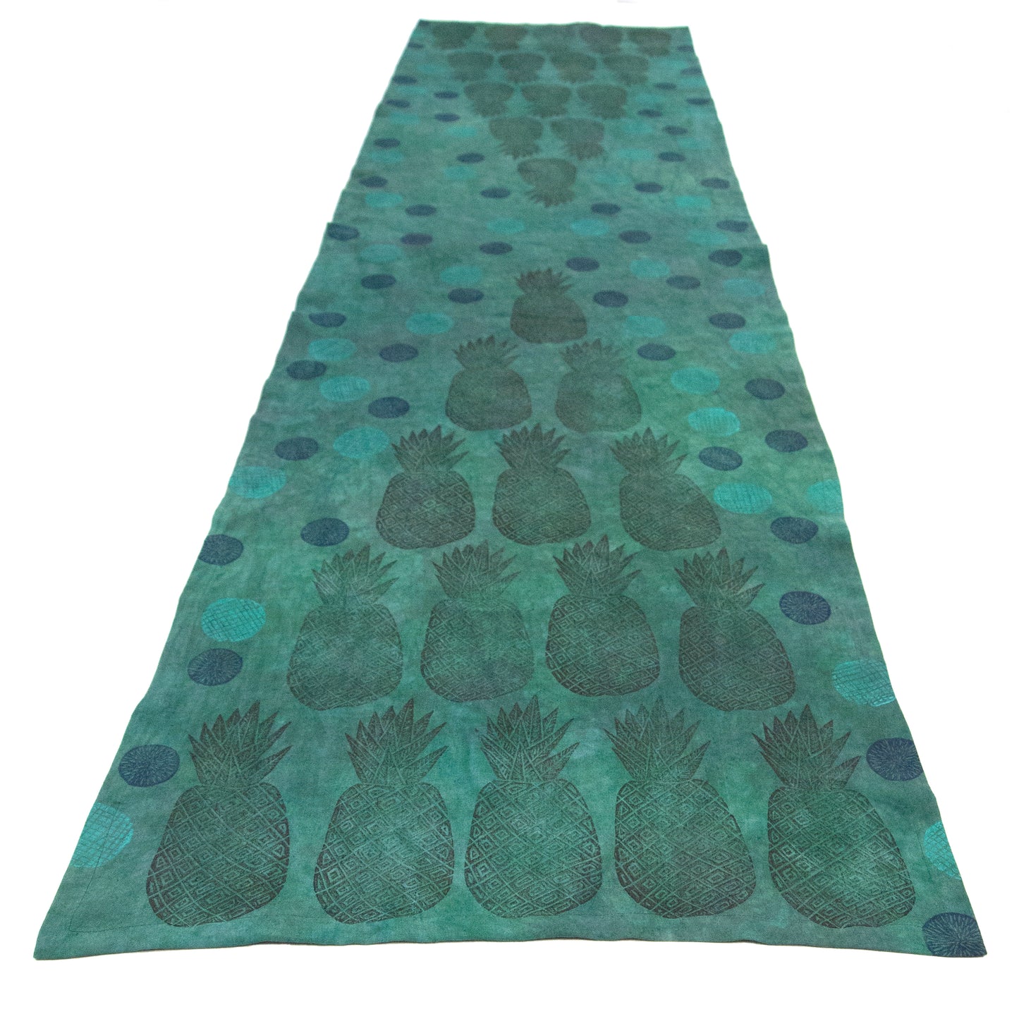 Green Linen Table Runner with Pineapple Blockprint