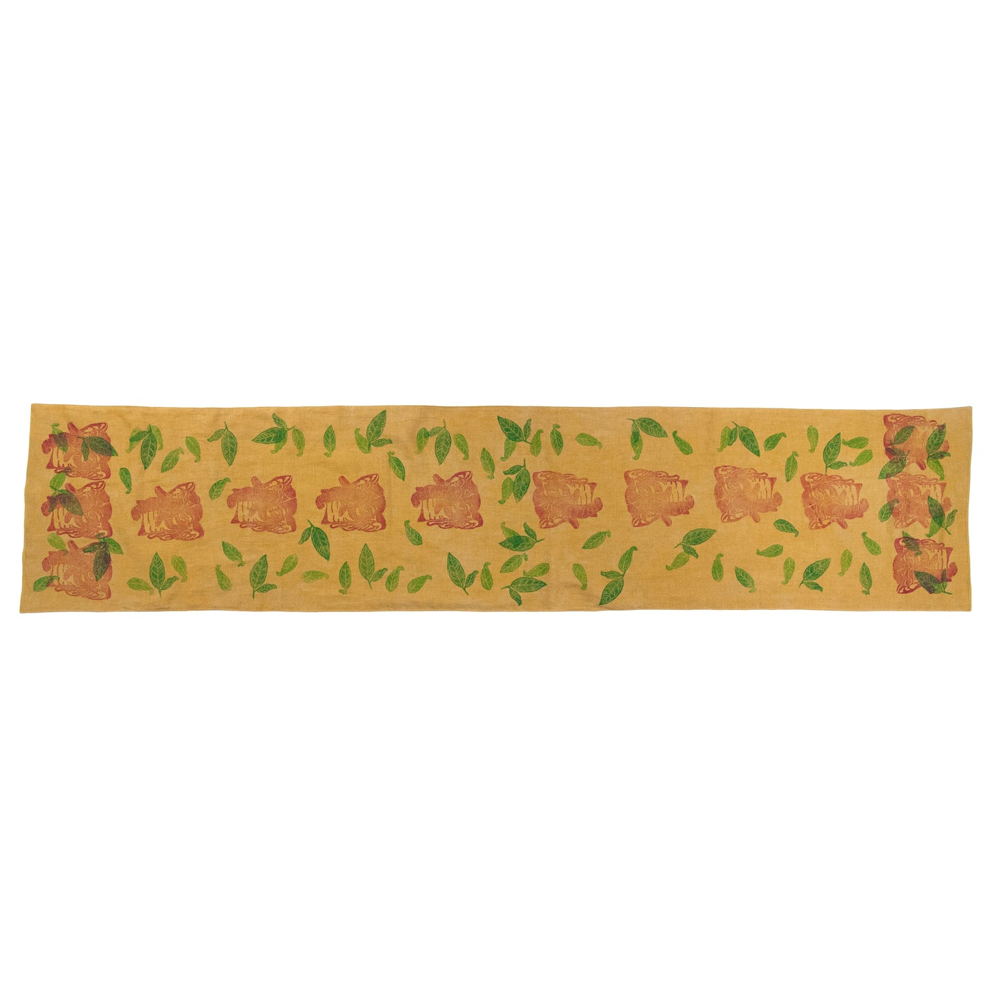 Mustard Yellow Linen Table Runner with Elephants Blockprint