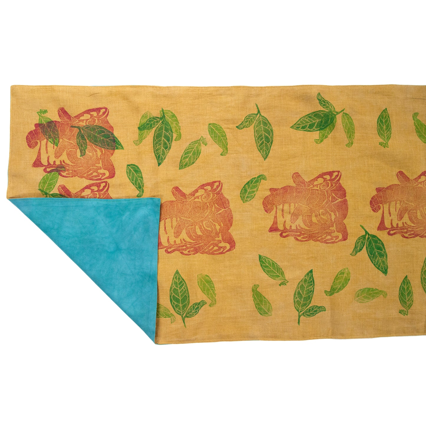 Mustard Yellow Linen Table Runner with Elephants Blockprint