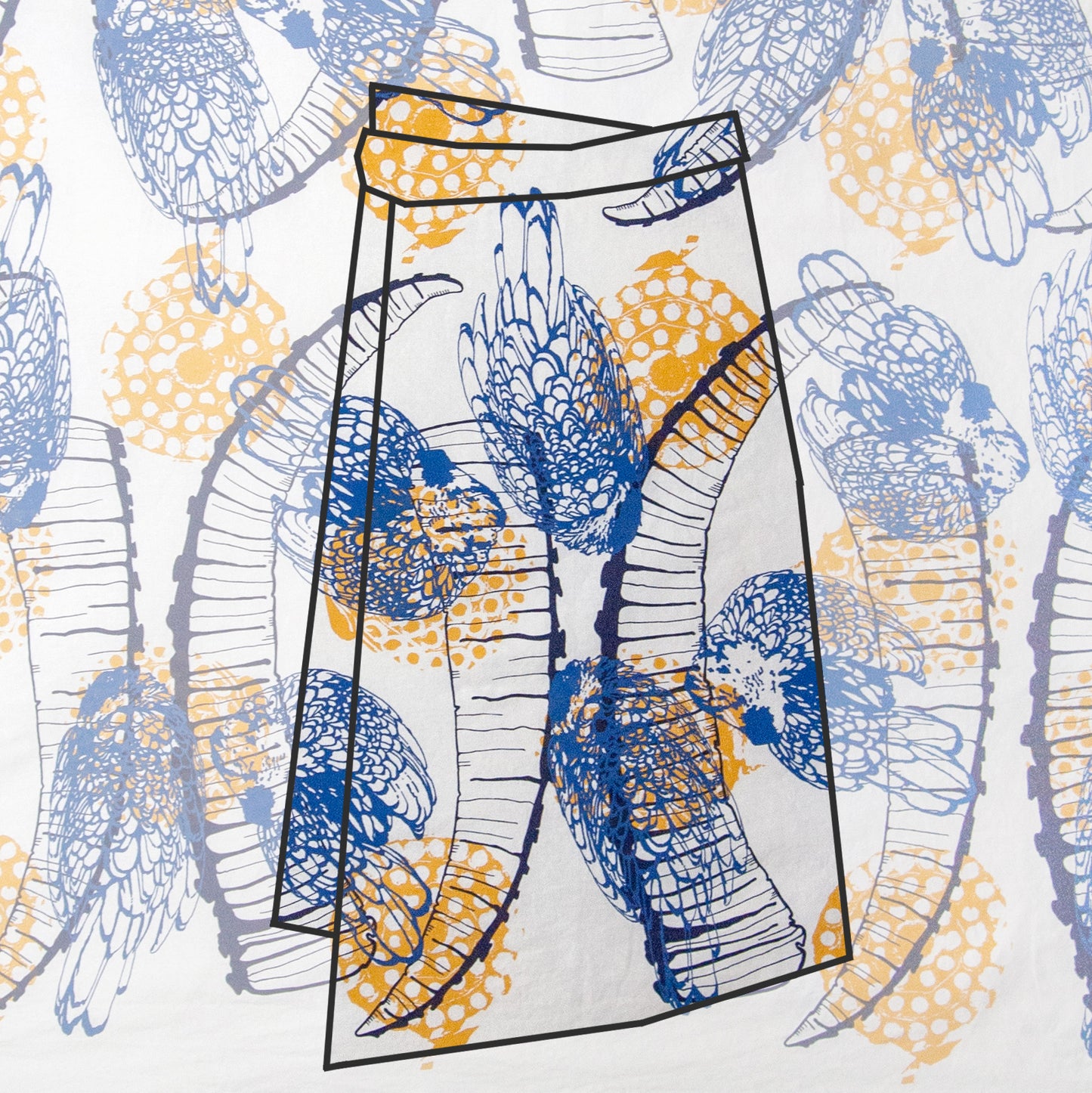 Hand Screenprinted Cotton/Linen  by Yard // Yellow Fireworks, Navy Blue Ibex Horn, Medium Blue Chickens