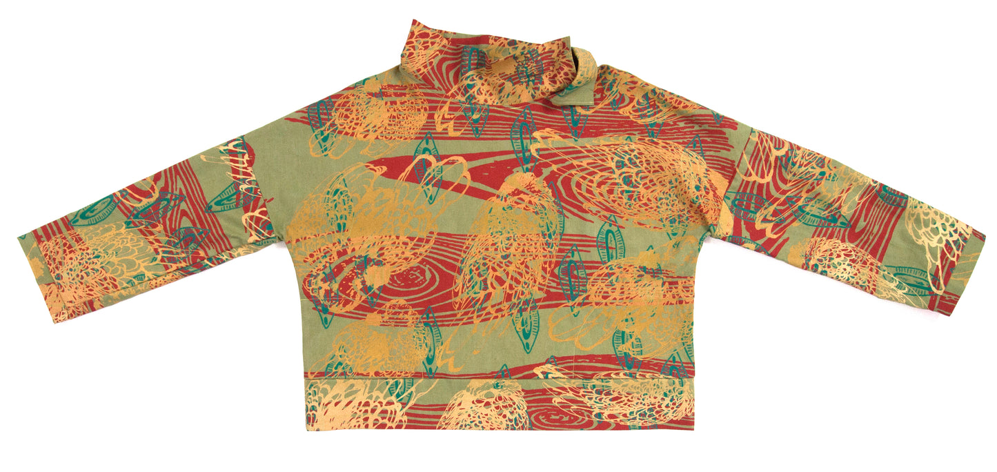 Avocado Green Linen/Cotton Pullover with Popped Collar