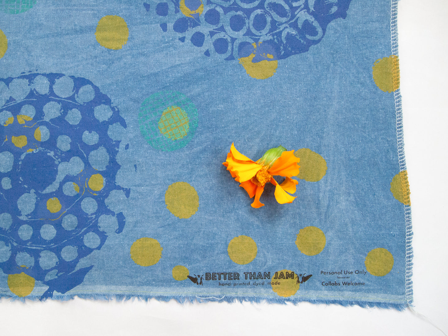 Hand Screenprinted Indigo Dyed Cotton/Linen  by Yard // Blue, Periwinkle, Teal, Yellow