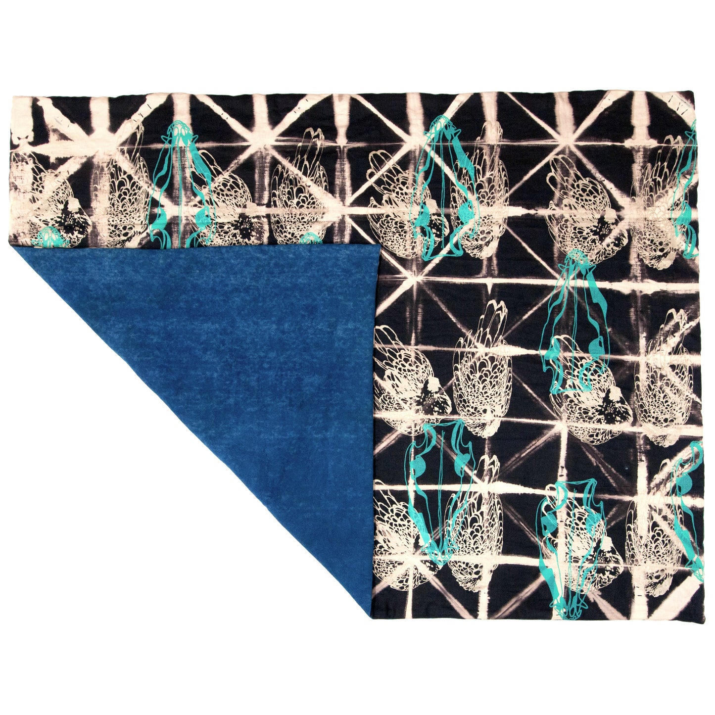 Padded Throw Anti Dyed Black Linen with Chicken and Skull Print