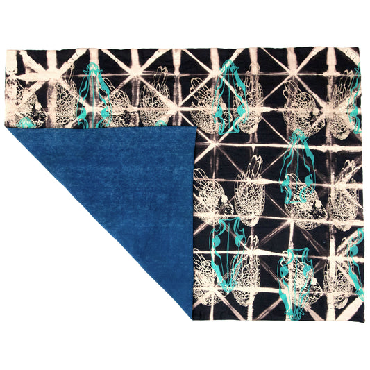 Padded Throw Anti Dyed Black Linen with Chicken and Skull Print