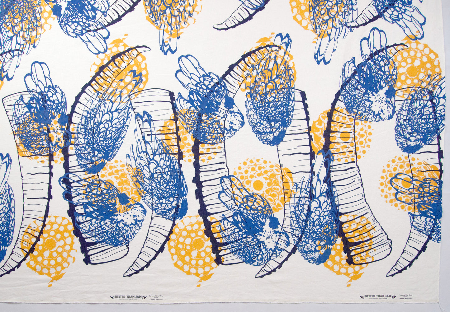 Hand Screenprinted Cotton/Linen  by Yard // Yellow Fireworks, Navy Blue Ibex Horn, Medium Blue Chickens