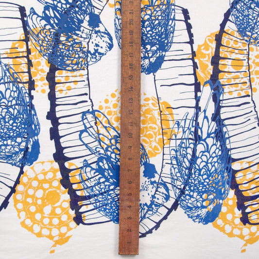 Hand Screenprinted Cotton/Linen  by Yard // Yellow Fireworks, Navy Blue Ibex Horn, Medium Blue Chickens