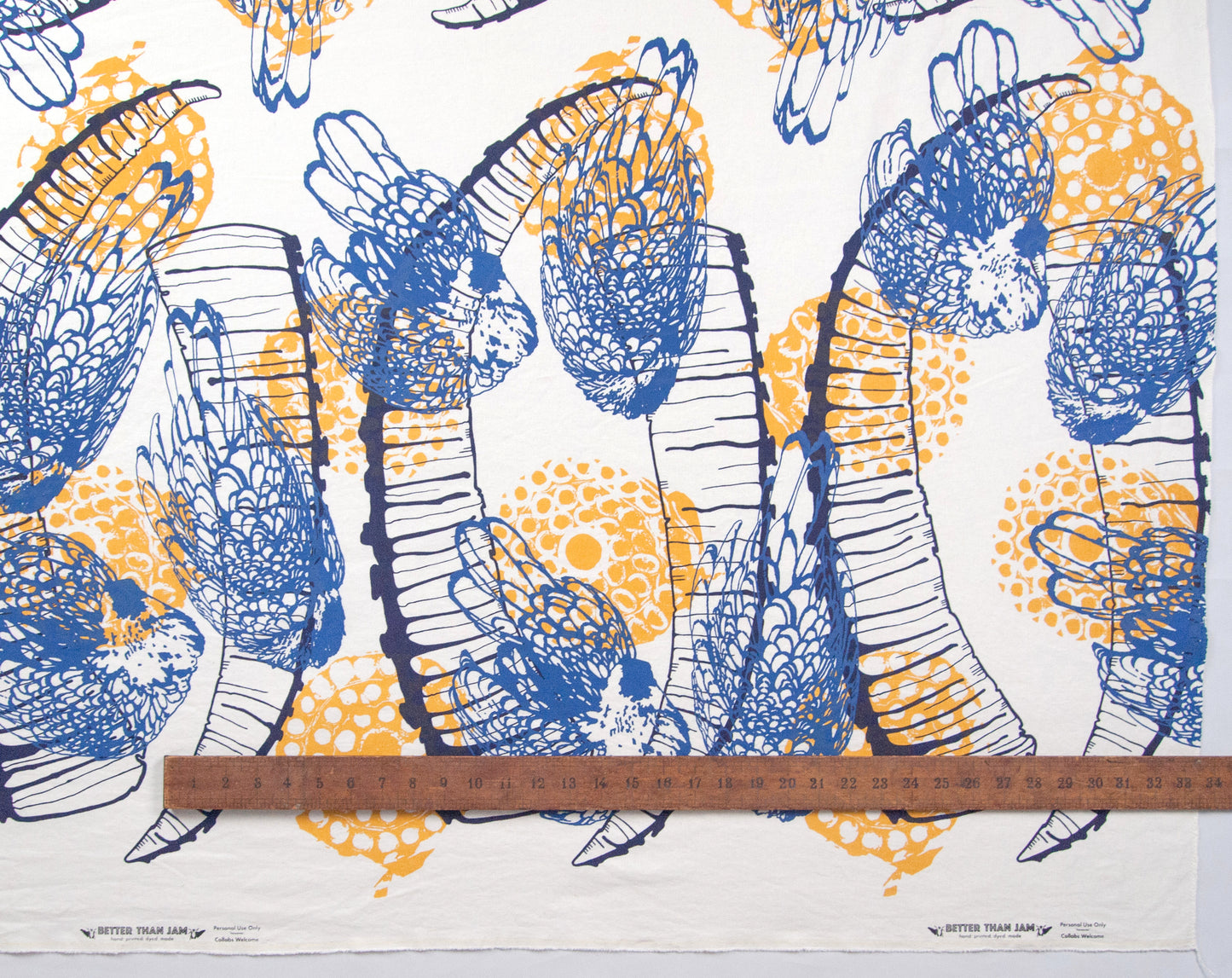 Hand Screenprinted Cotton/Linen  by Yard // Yellow Fireworks, Navy Blue Ibex Horn, Medium Blue Chickens