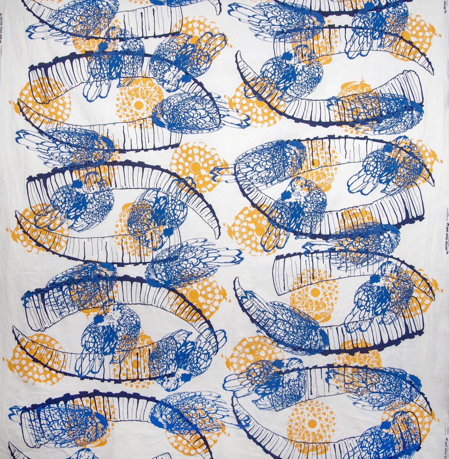 Hand Screenprinted Cotton/Linen  by Yard // Yellow Fireworks, Navy Blue Ibex Horn, Medium Blue Chickens