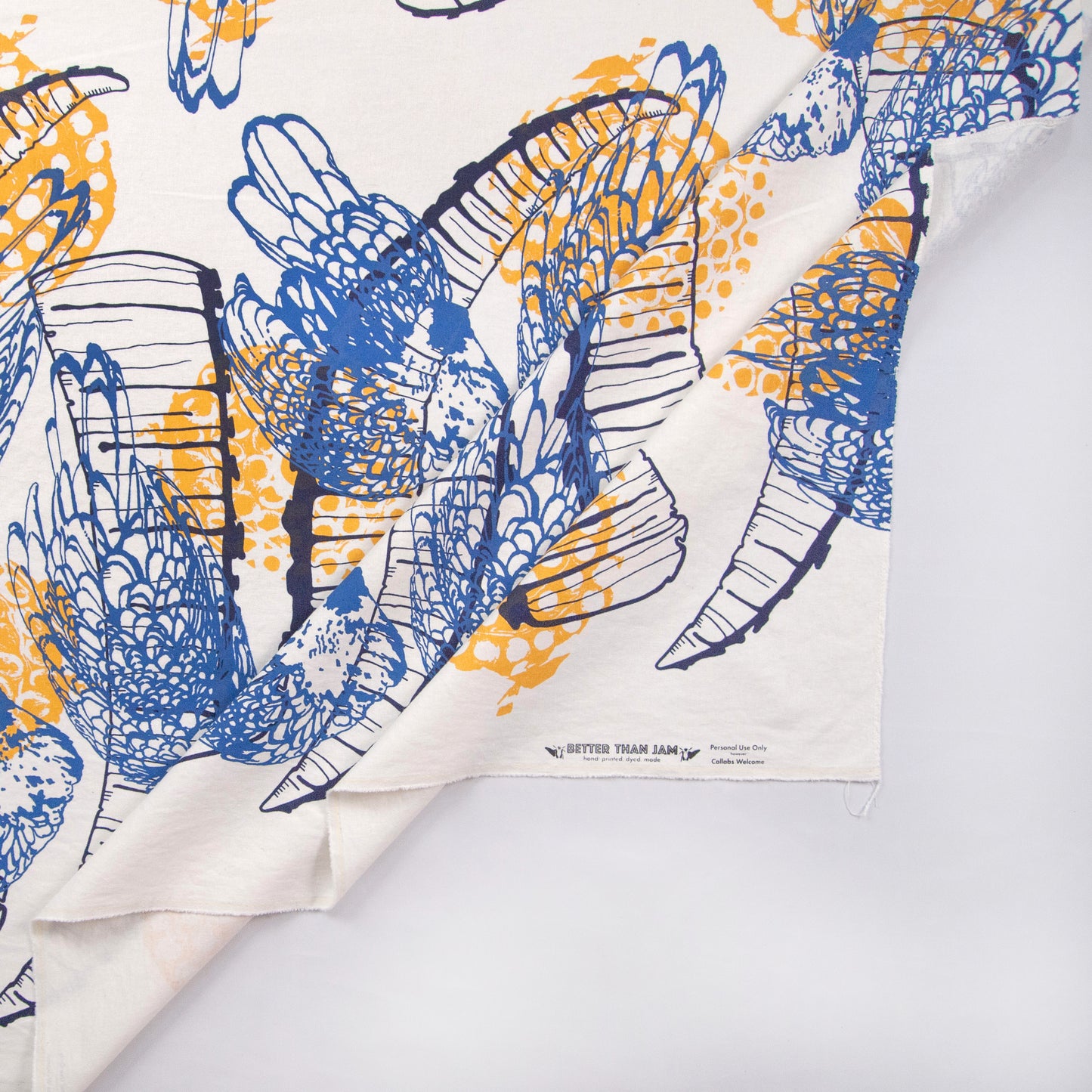Hand Screenprinted Cotton/Linen  by Yard // Yellow Fireworks, Navy Blue Ibex Horn, Medium Blue Chickens