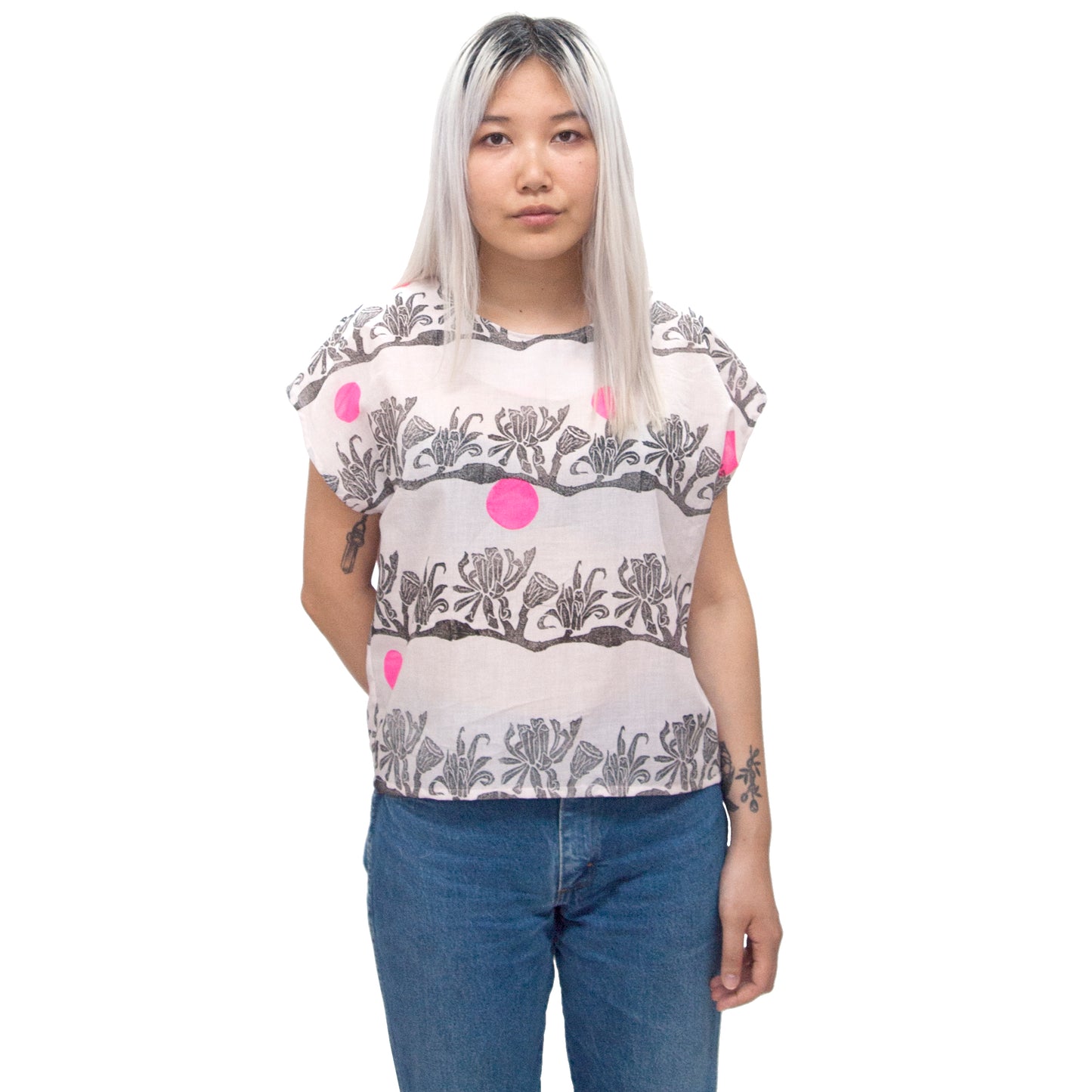 Cotton Sheer Top // Flower Dyed and Polka Dot Print
