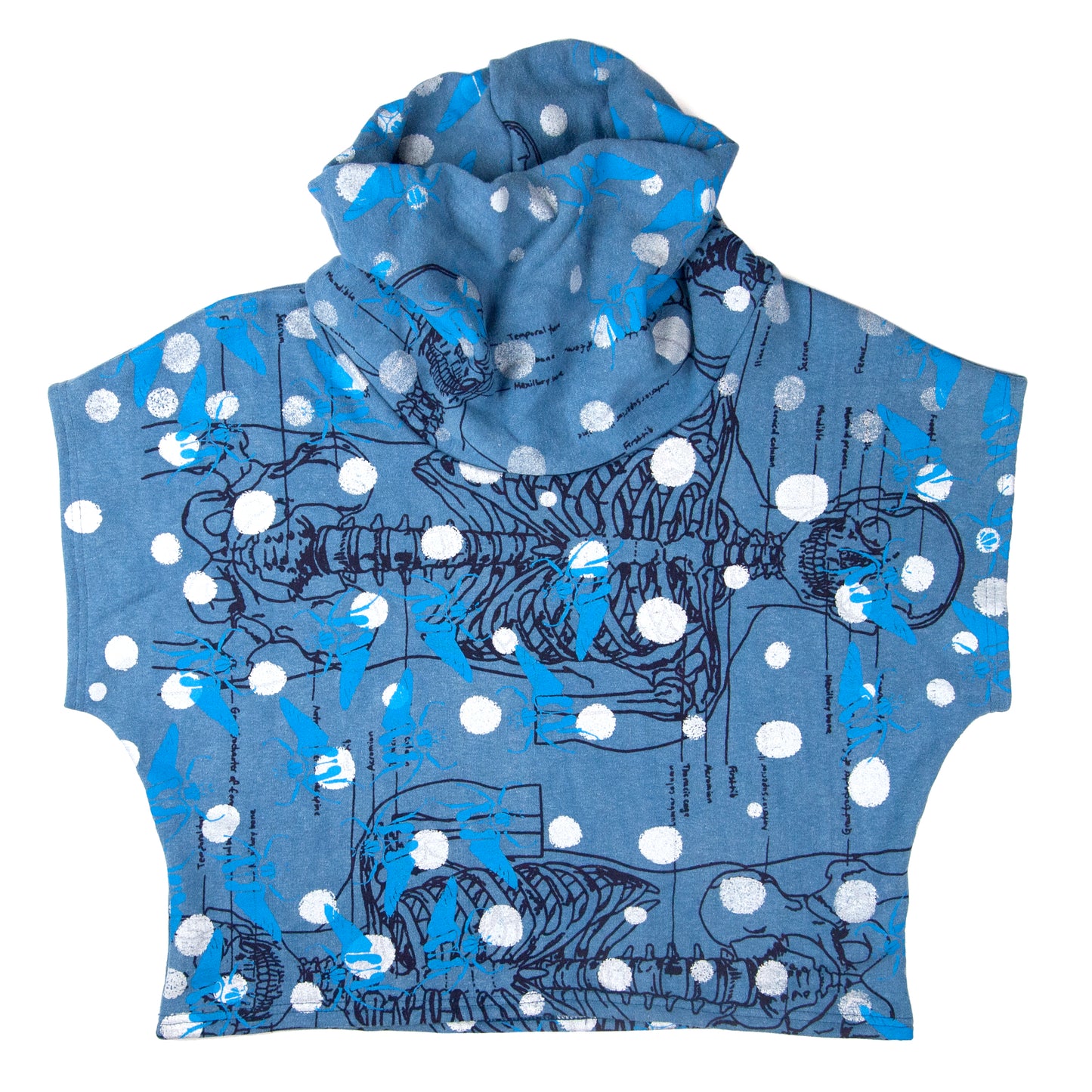 Hemp Fleece Cowl // blue with skeletons, beetles, and polka dots