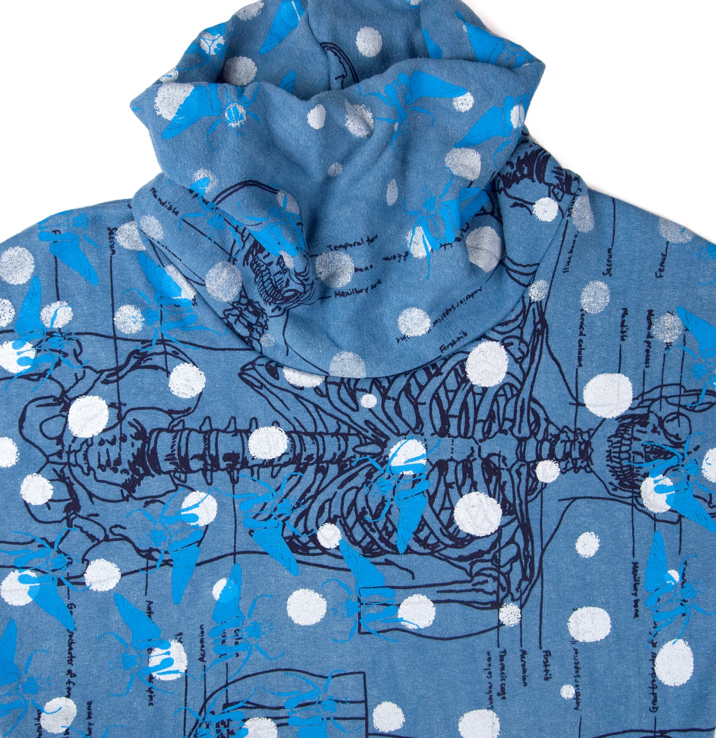 Hemp Fleece Cowl // blue with skeletons, beetles, and polka dots