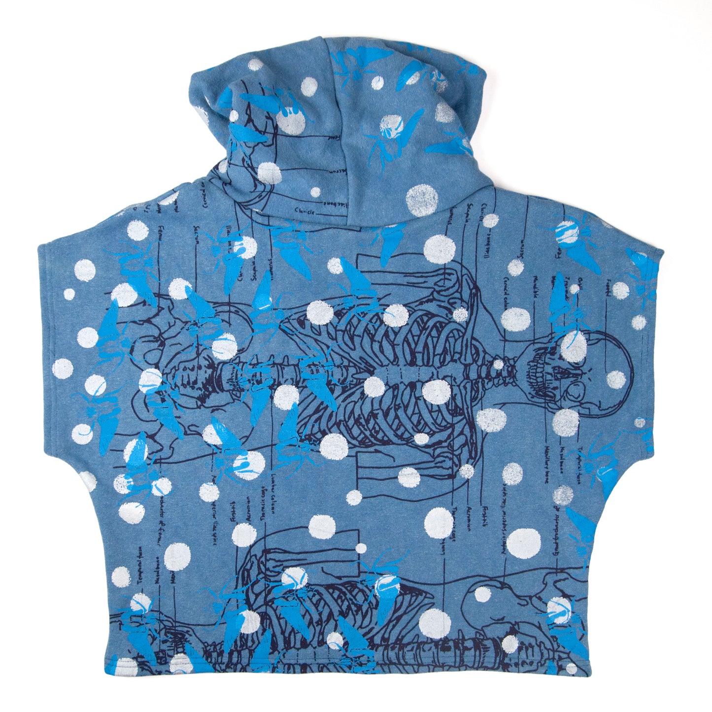 Hemp Fleece Cowl // blue with skeletons, beetles, and polka dots