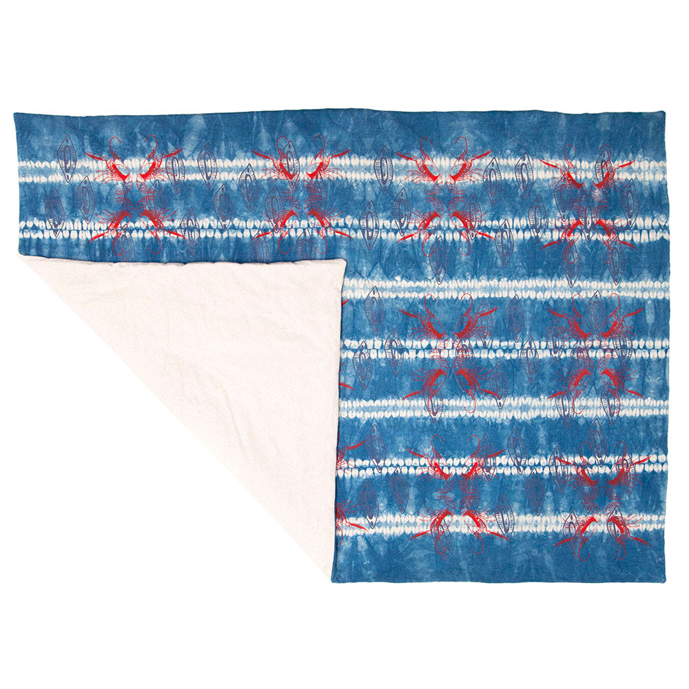 Padded Throw // Indigo Dyed Osnaburg Printed with Crayfish and Almond Shells