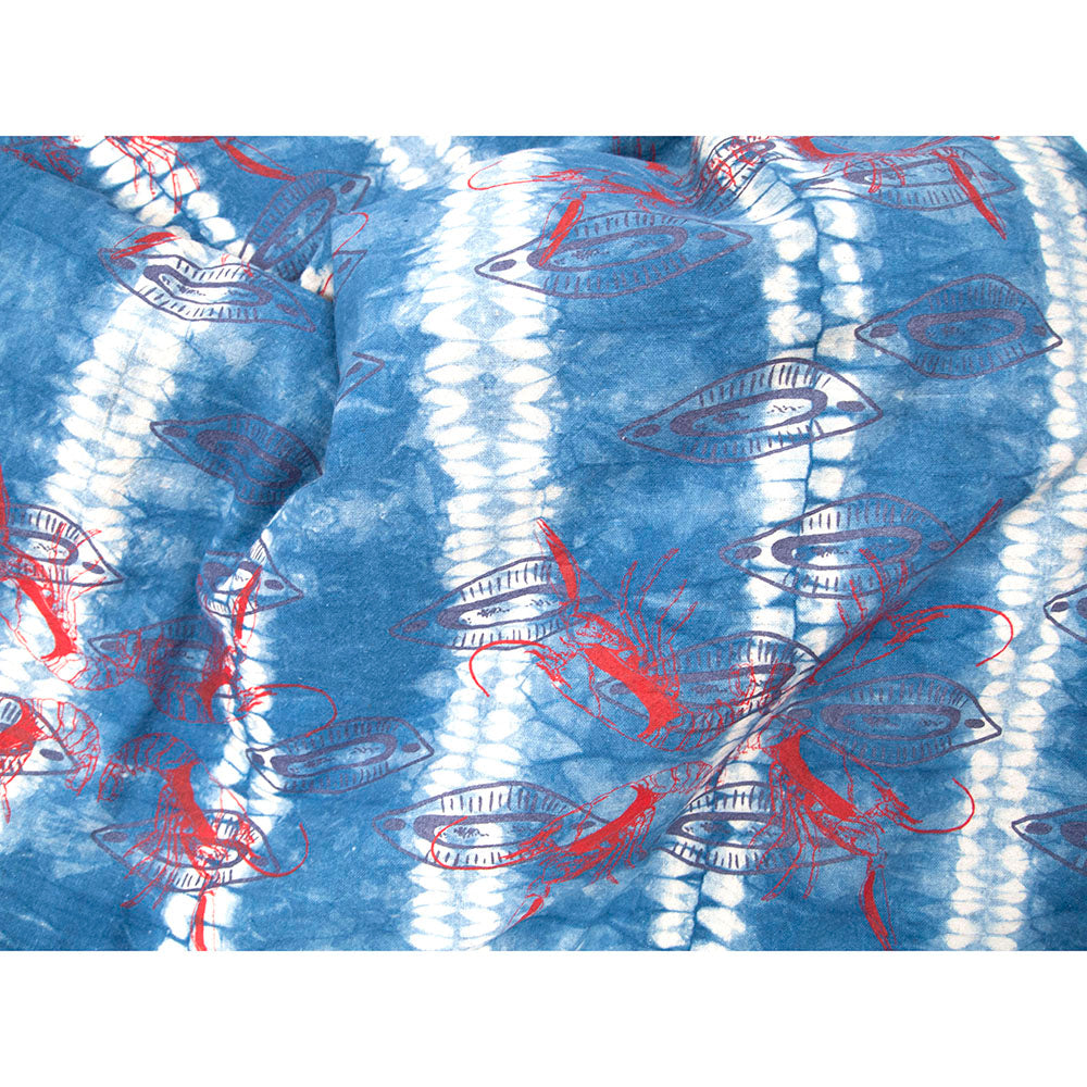 Padded Throw // Indigo Dyed Osnaburg Printed with Crayfish and Almond Shells