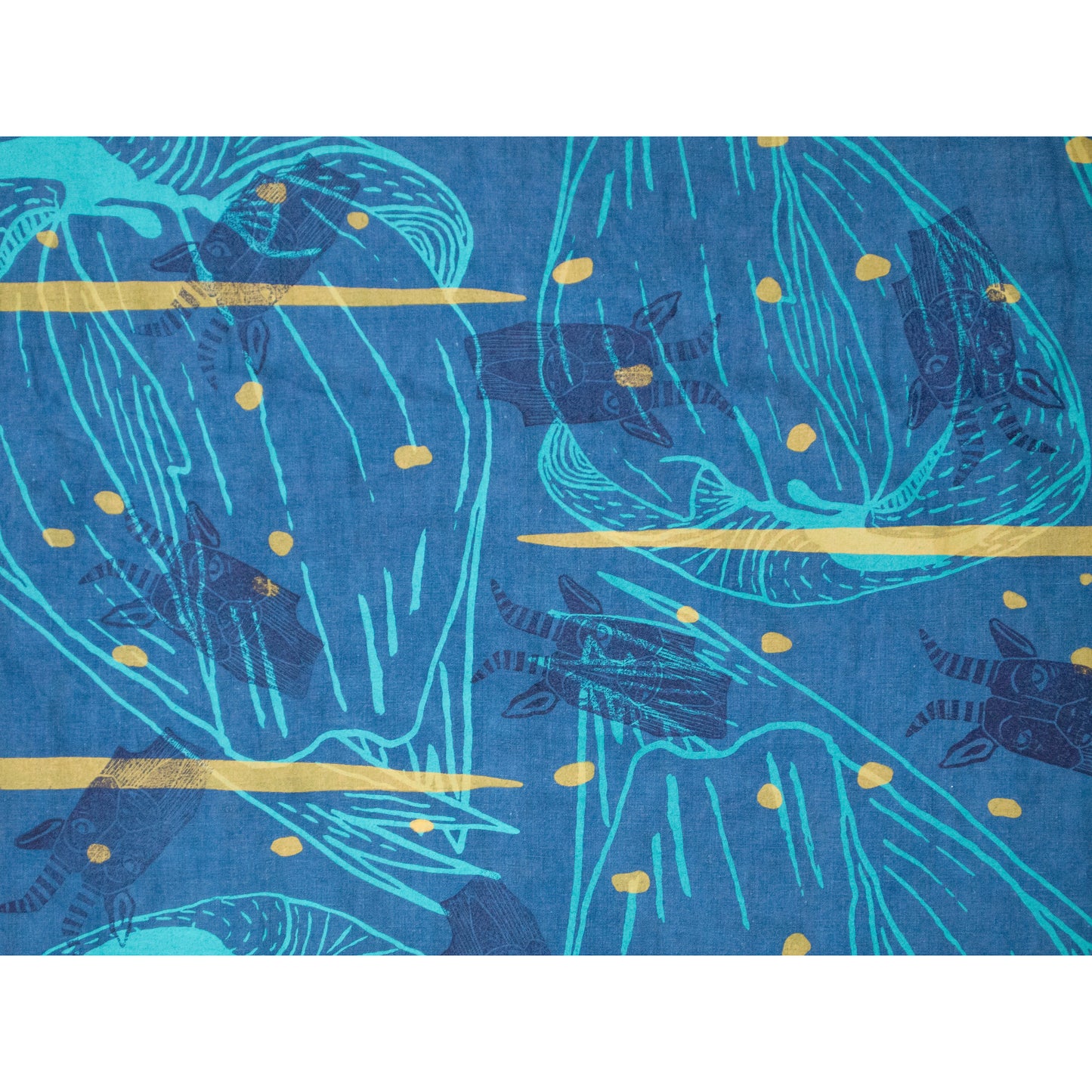 Padded Throw // Indigo Dyed Linen Printed with Goats, Fawn Makings, Coconuts