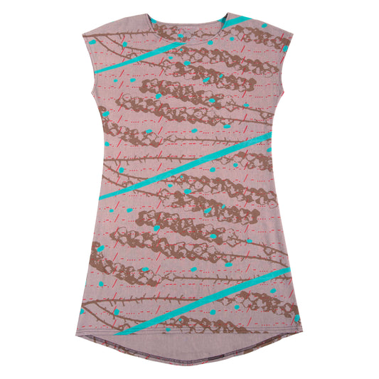 Rose Linen Shift Dress with bellflowers, morse code, and fawn marking