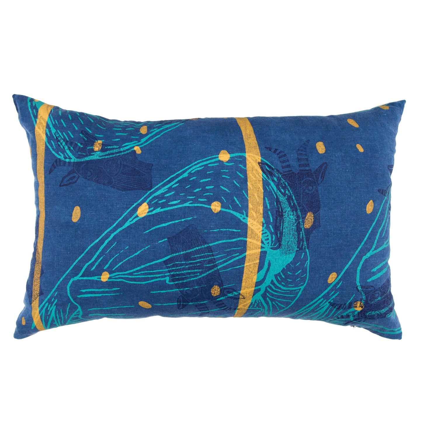 Padded Throw // Indigo Dyed Linen Printed with Goats, Fawn Makings, Coconuts