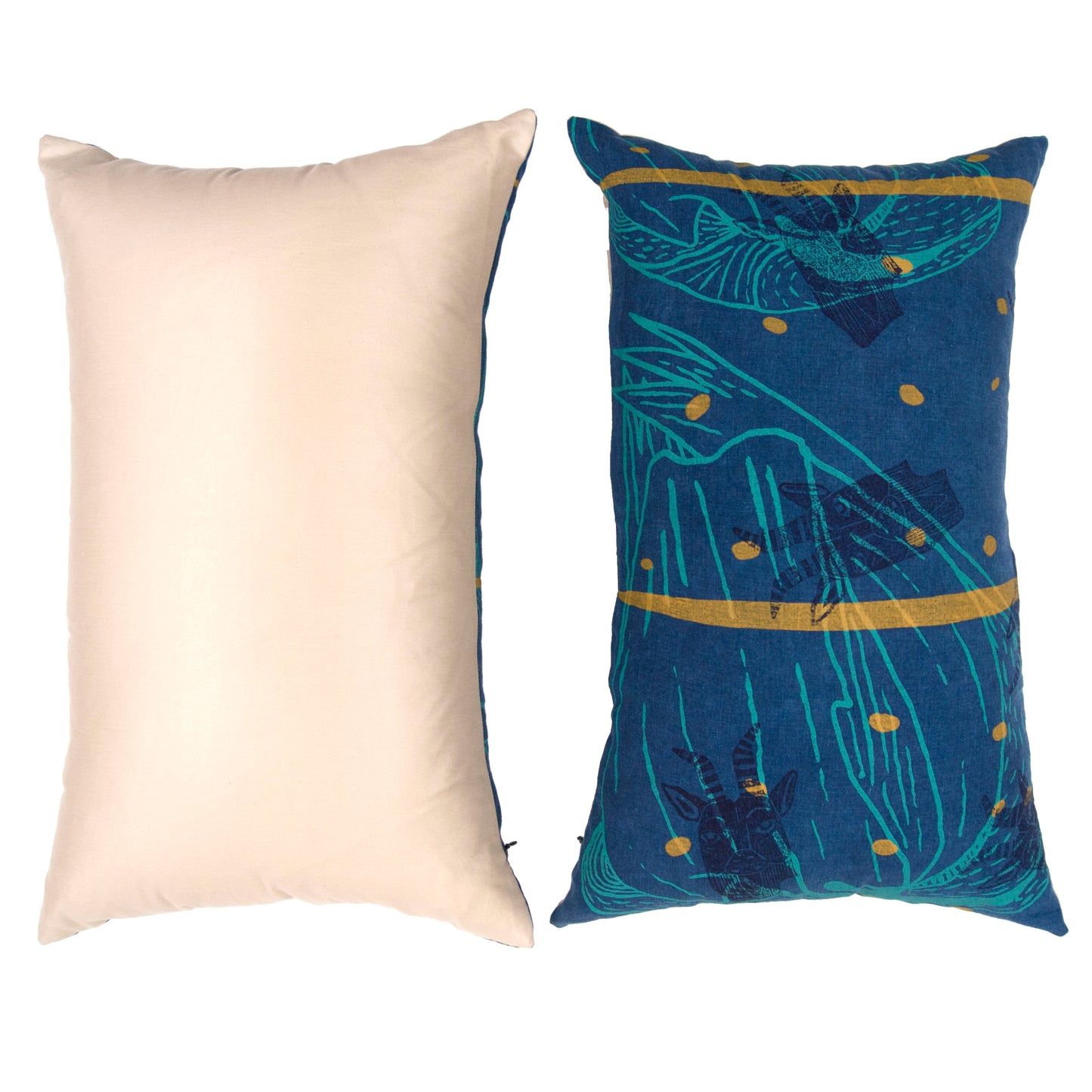 Padded Throw // Indigo Dyed Linen Printed with Goats, Fawn Makings, Coconuts