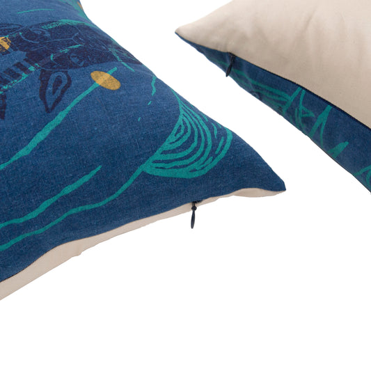 Indigo Dyed Linen Pillow Set // Printed with Goats, Fawn Makings, Coconuts