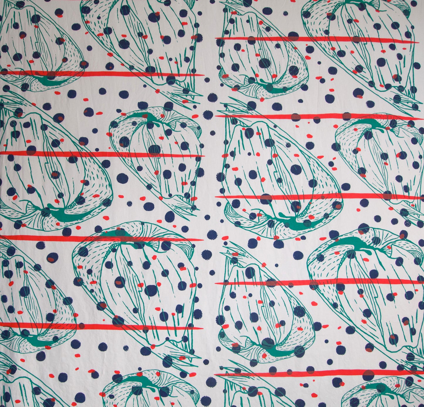Hand Screenprinted Cotton/Linen  by Yard // Navy,Turquoise, Fluorescent Red