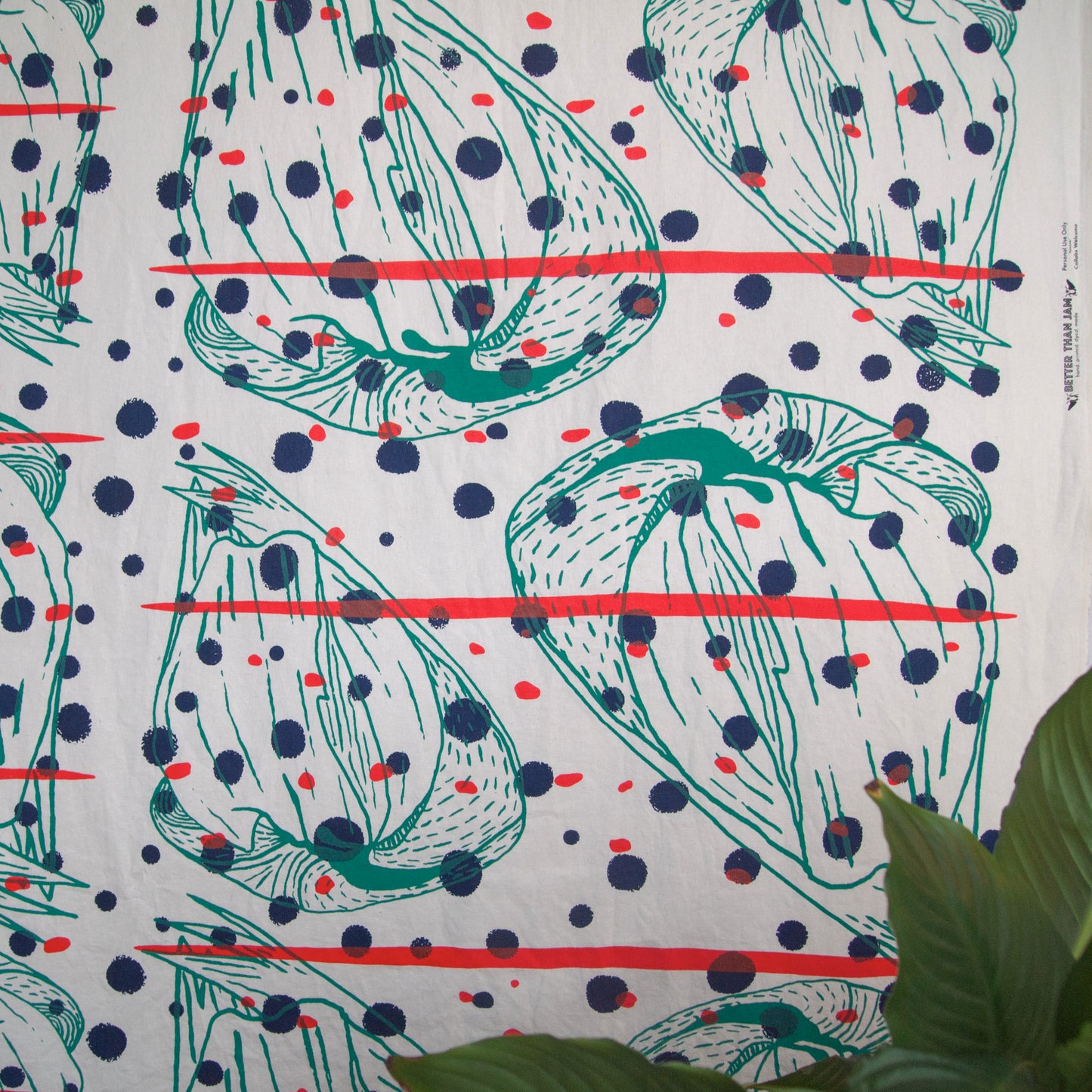 Hand Screenprinted Cotton/Linen  by Yard // Navy,Turquoise, Fluorescent Red