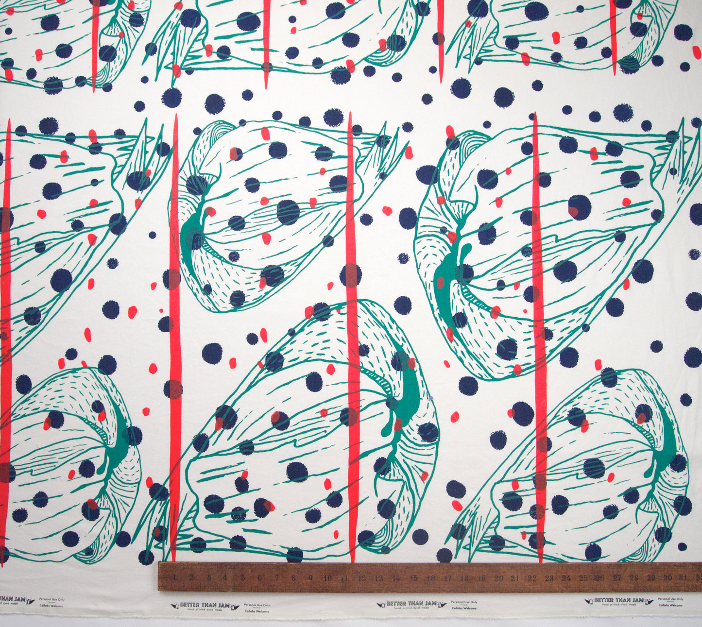 Hand Screenprinted Cotton/Linen  by Yard // Navy,Turquoise, Fluorescent Red