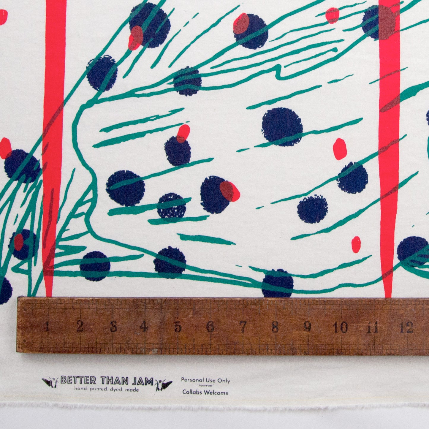 Hand Screenprinted Cotton/Linen  by Yard // Navy,Turquoise, Fluorescent Red