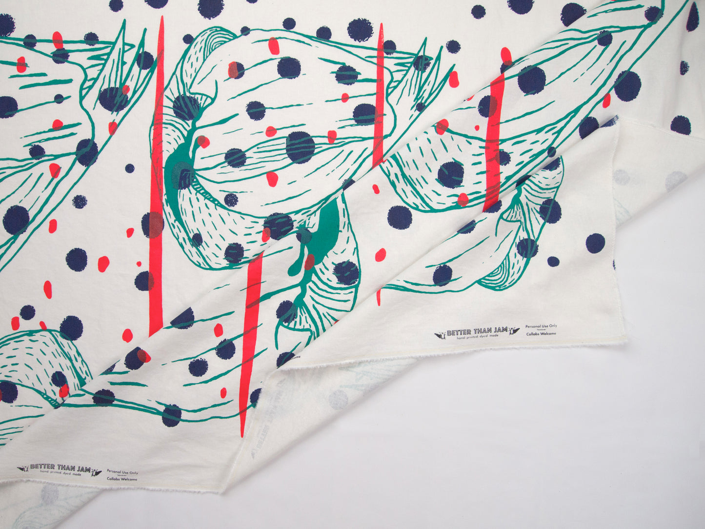 Hand Screenprinted Cotton/Linen  by Yard // Navy,Turquoise, Fluorescent Red