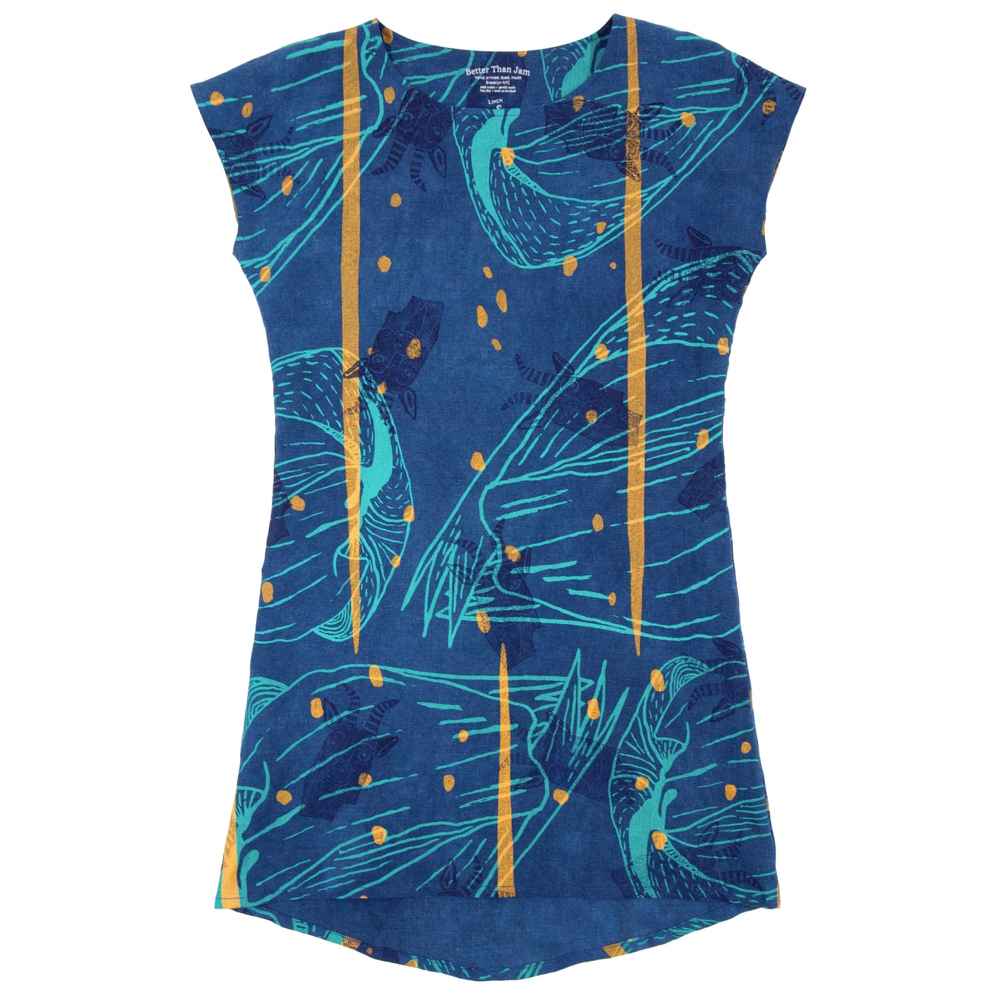 Indigo Dyed Linen Shift Dress with Goat Print