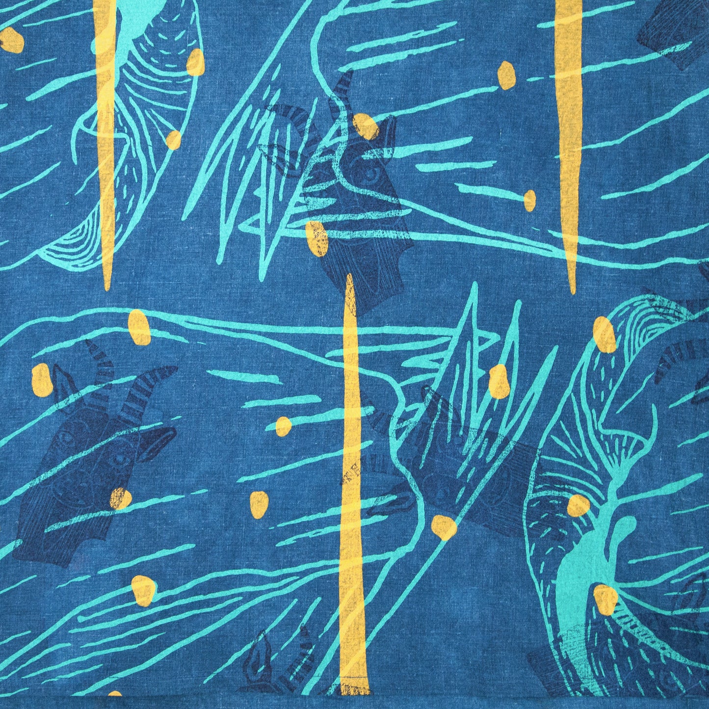 Indigo Dyed Linen Shift Dress with Goat Print