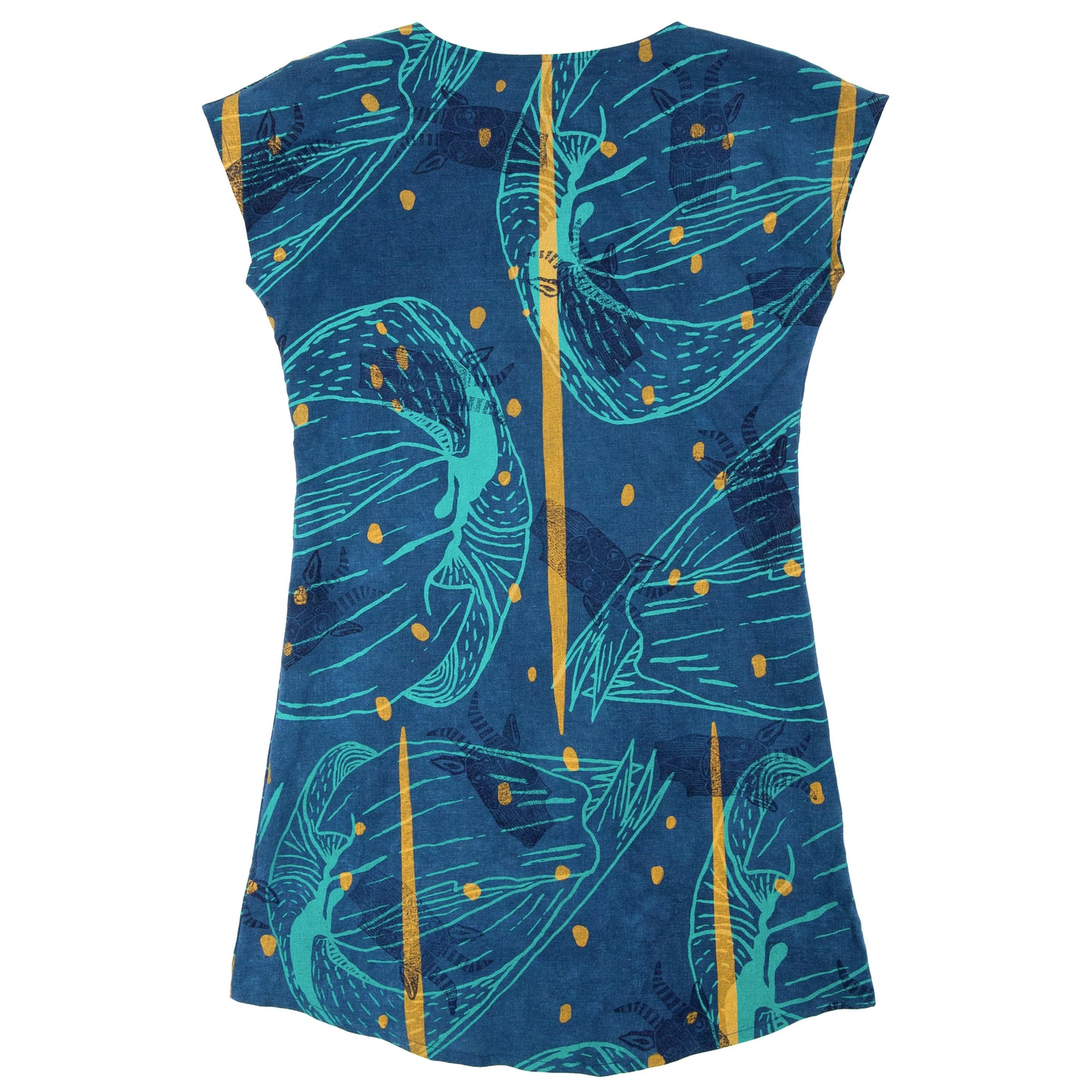 Indigo Dyed Linen Shift Dress with Goat Print