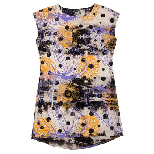 Anti-Dyed Linen Shift Dress with Coconut Polka Dot Print