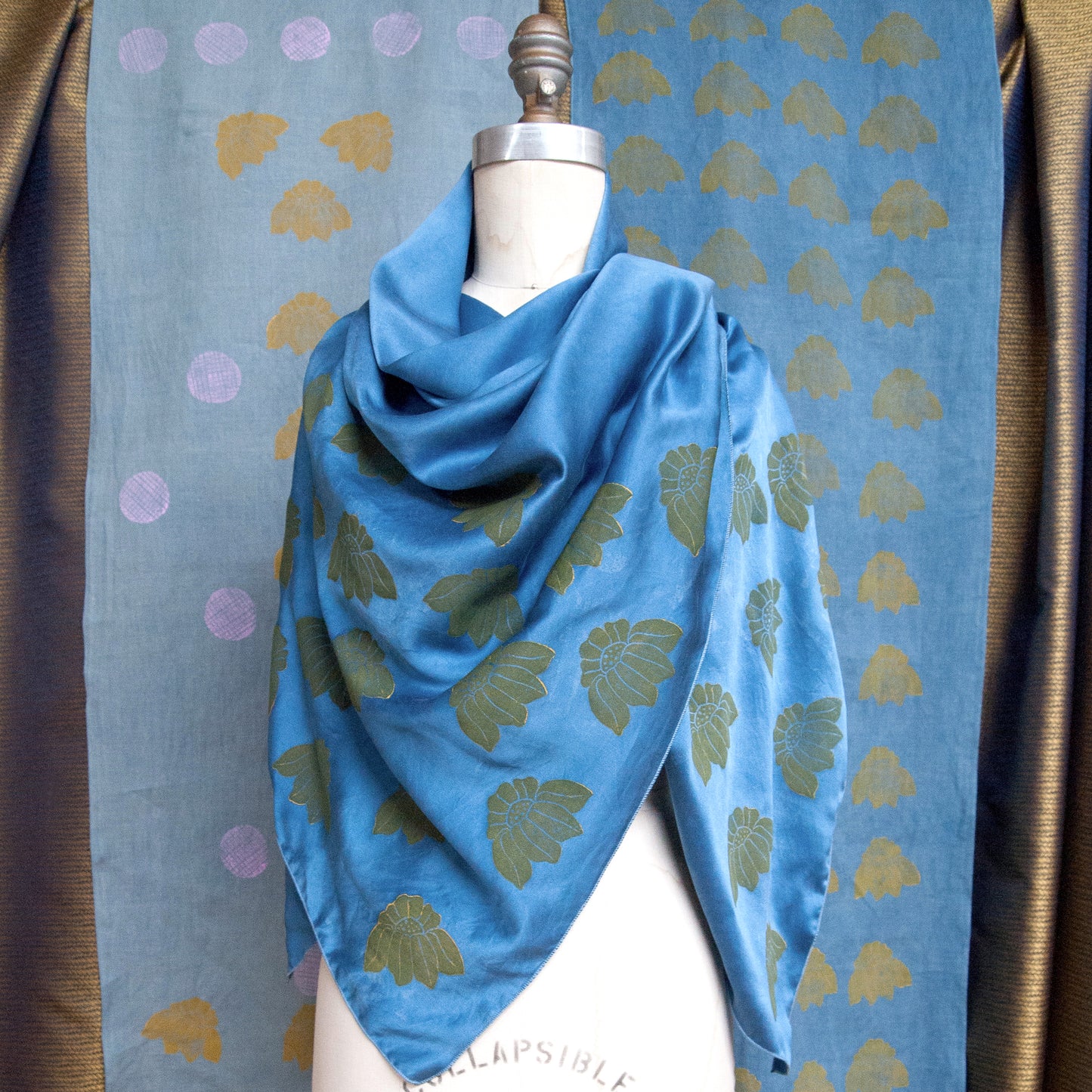 Indigo Dyed Silk Scarves with Coneflower Block Print